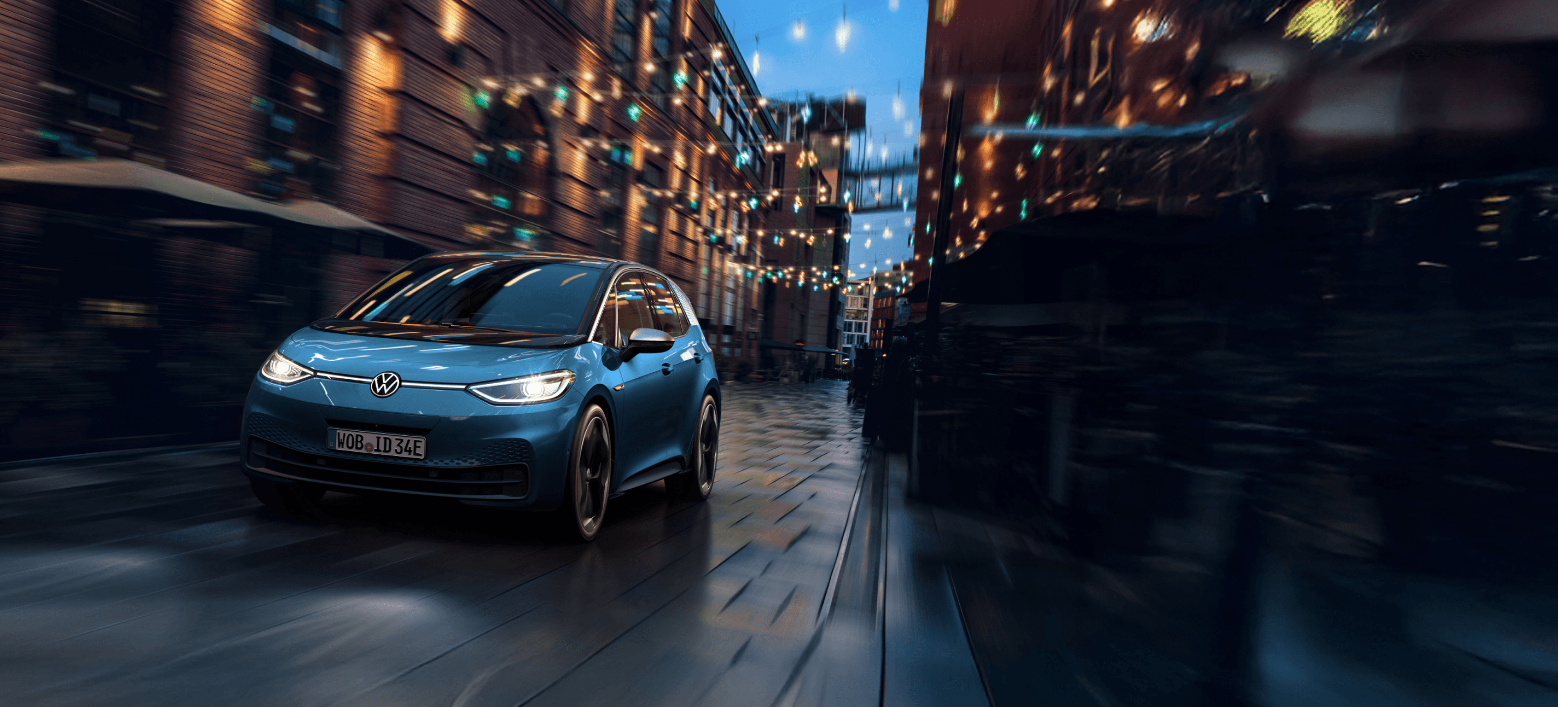 Blue electric car in city